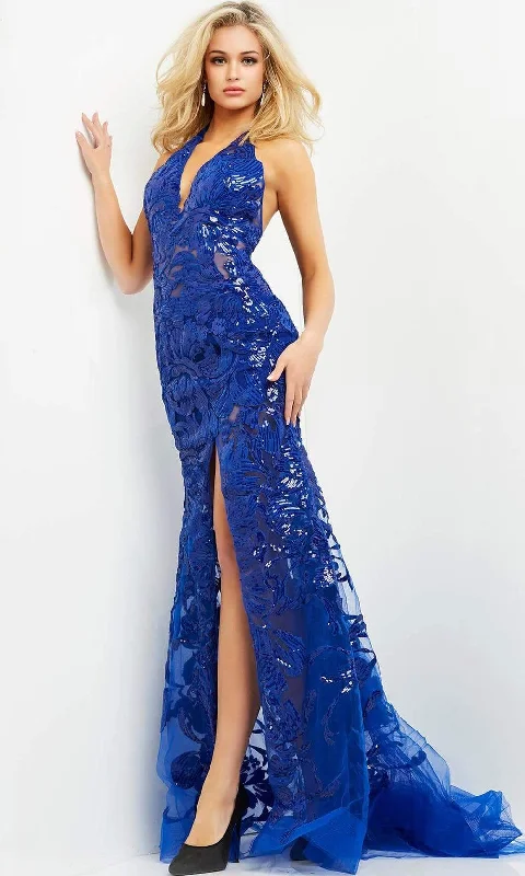 Jovani - 8110 Halter V-Neck Sequin Illusion Evening Gown