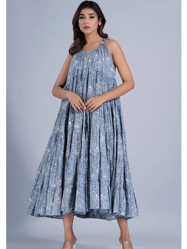 Bluish Grey Strappy Tieable Dress in Six Tiers