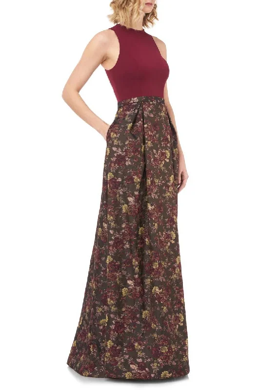 Kay Unger Mock Neck Cutaway Zipper Back Multi Print Jacquard Dress