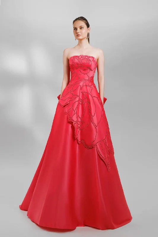Laser cut strapless satin dress