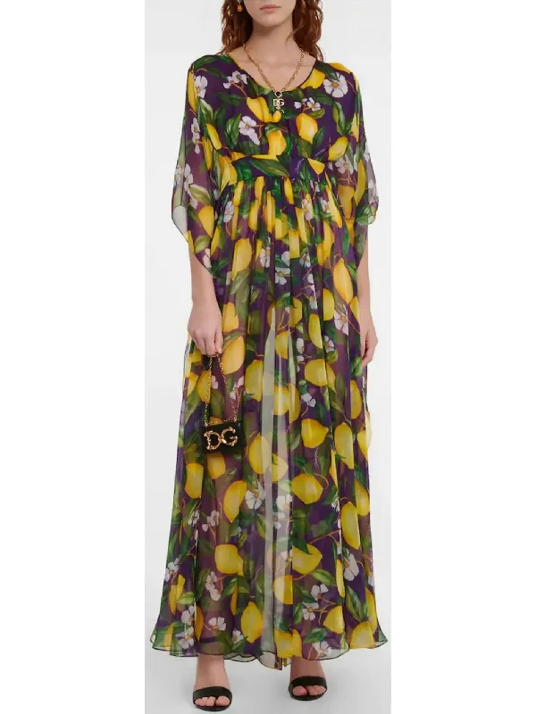 Lemon Print Chiffon Backless Dress