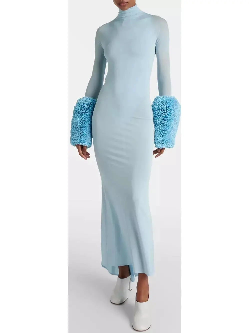 Light Blue High-Neck Sheer Gown with Puffed Ruffle Cuffs
