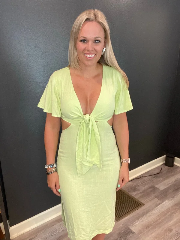 Lime Cut out Tie Front Dress