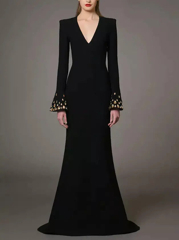 Long Black V-Neck Gown with Rhinestone Bell Sleeves