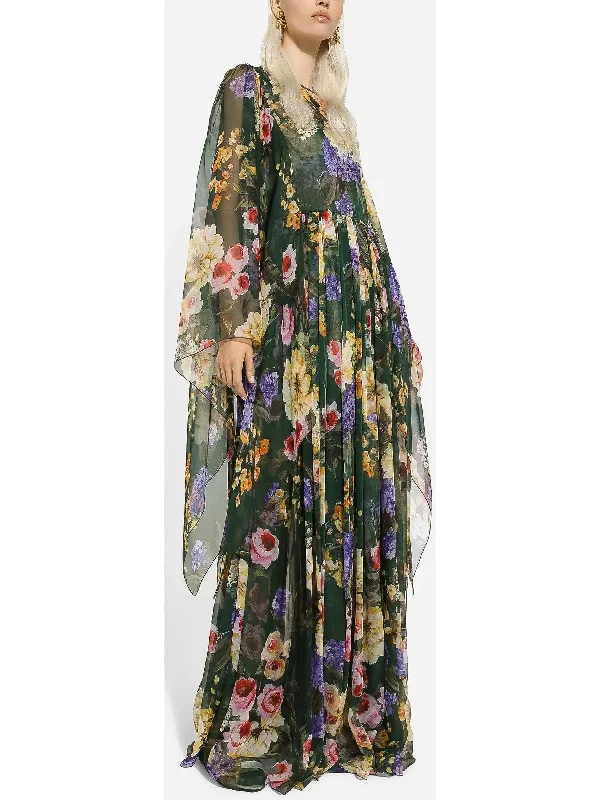 Long Garden-Print Chiffon Dress
