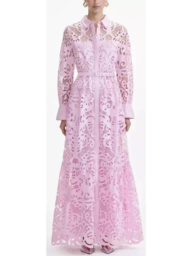 Long Pink Cotton Lace Dress
