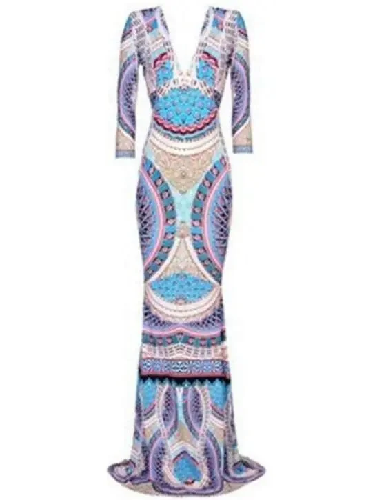Long Printed V-Neck Jersey Silk Gown