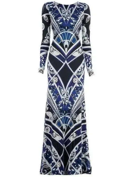 Long Silk Geometric Print Gown - Blue