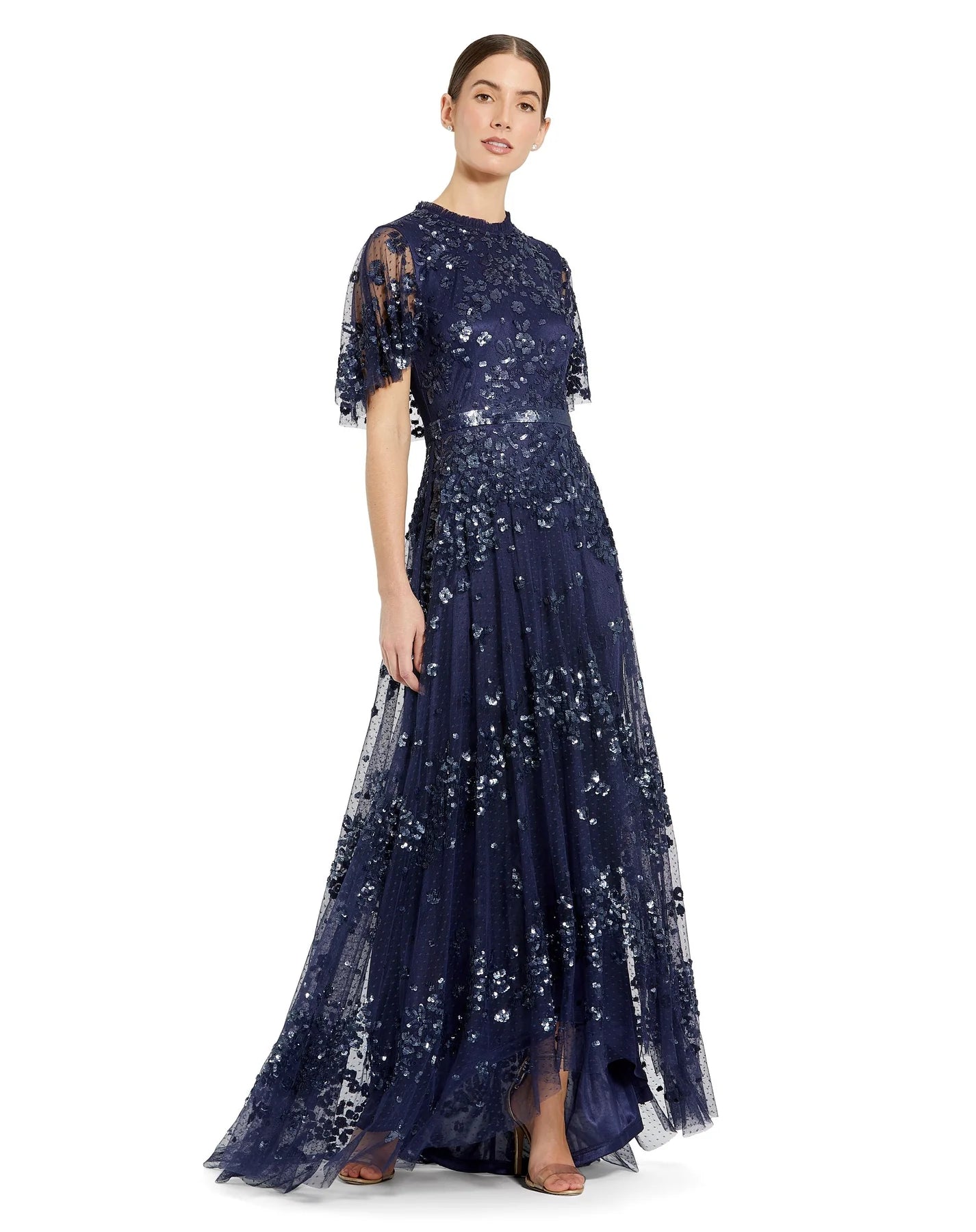 Mac Duggal 9192 Sequined High Neck Flutter Sleeve A Line Gown