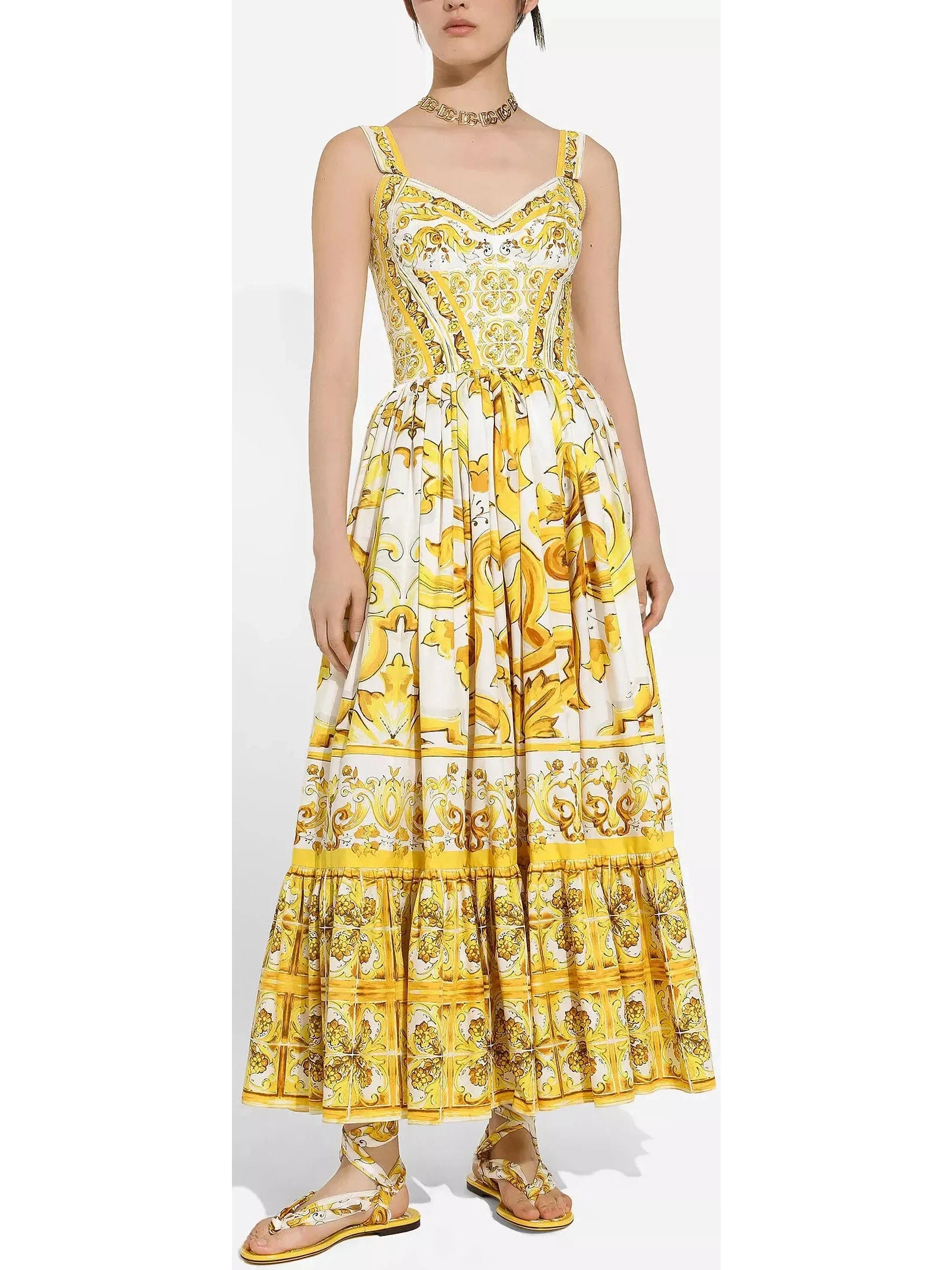 Majolica Italian Print Cotton Poplin Corset Calf-Length Dress