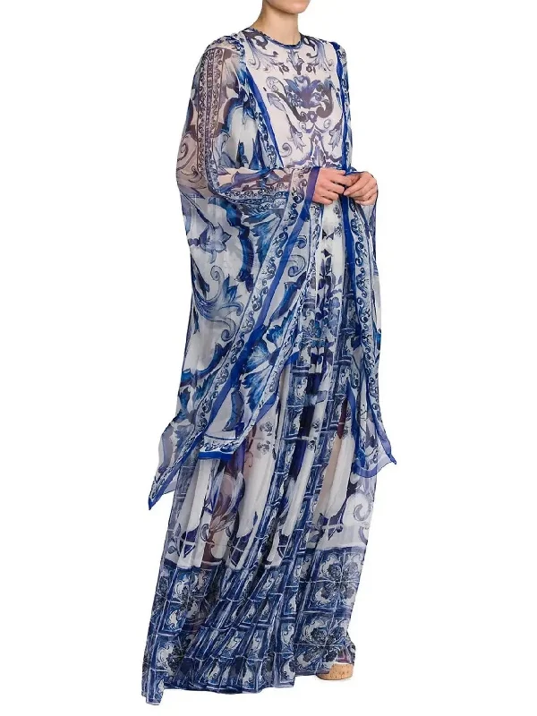 Majolica-Print Long Chiffon Dress