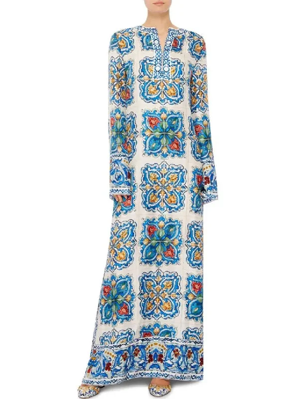 Majolica Tile Print Long Kaftan Dress
