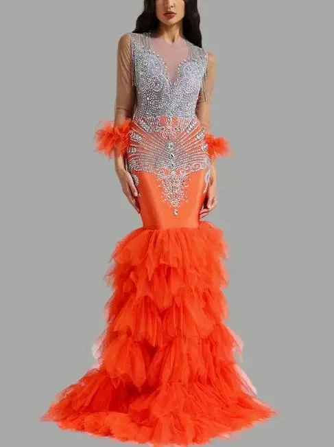 Mermaid Gown with Crystal Embellishments and Ruffled Tulle Train