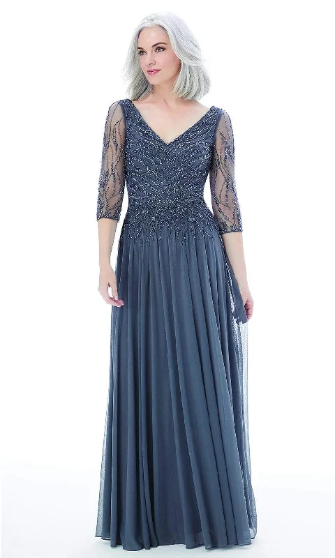 MGNY By Mori Lee - 72202 Sheer Quarter Sleeve Beaded Mesh A-Line Gown