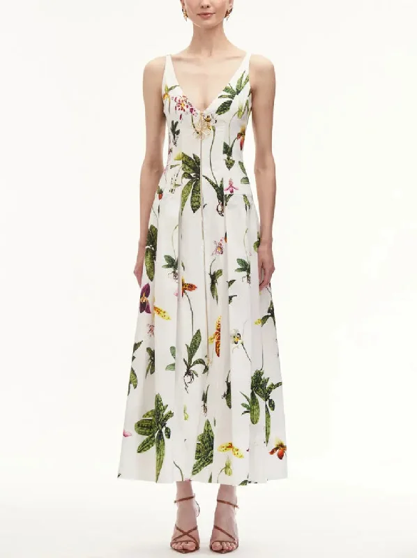 Multi Colored Orchid Printed V-Neck Zip-Front Cotton Dress in White