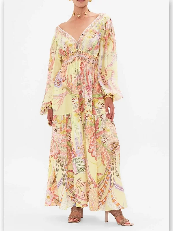 Multicolor-Printed Tie-Front Shirred Detail Dress in Yellow
