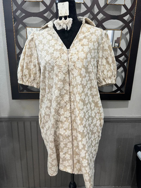 Oatmeal Flower Zip-up Dress