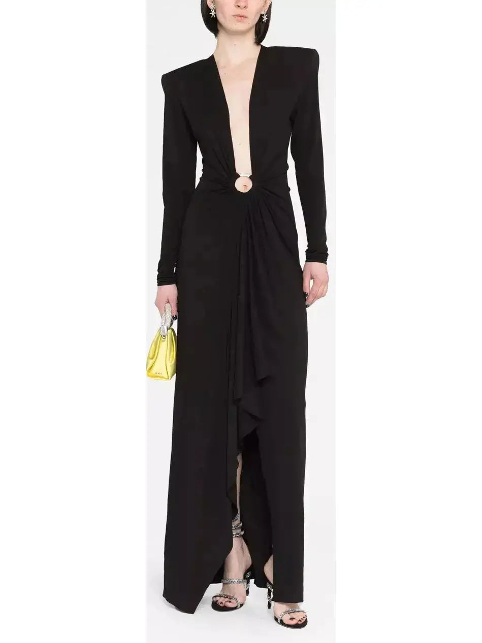 Plunge-Neck Draped Gown, Black