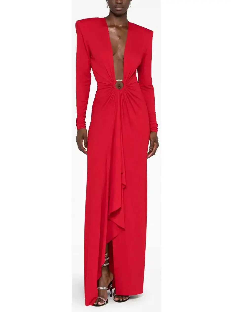 Plunge-Neck Draped Gown, Red