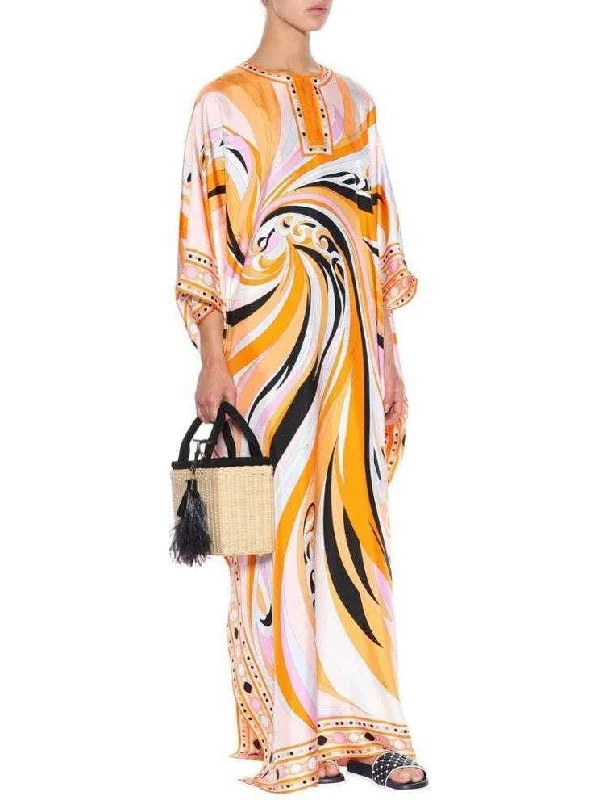 Printed Abstract Kaftan Dress in Orange and Multi