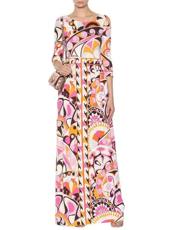 Printed Abstract Long Jersey Silk Dress in Multicolor