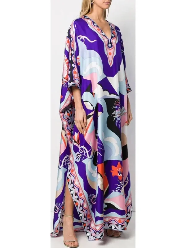 Printed Silk V-Neck Kaftan Dress