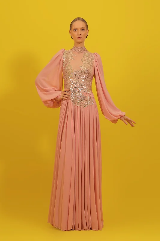 Puff sleeves crepe georgette dress with embroidery
