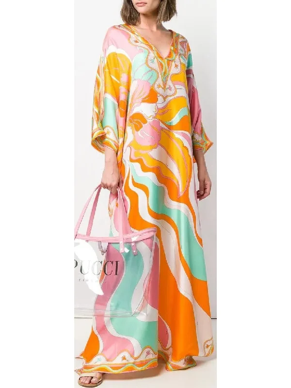 Rivera Long Kaftan Dress in Orange and Multi