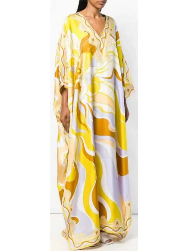 Rivera Long Kaftan Dress in Yellow and Multi