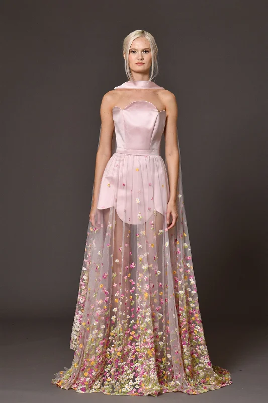 Satin dress featuring embroidered skirt