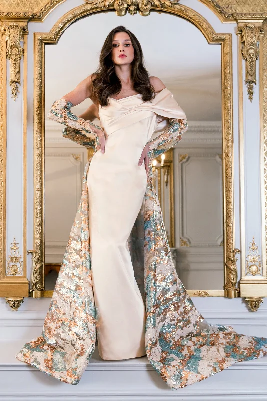 Satin one sleeve dress with overskirt
