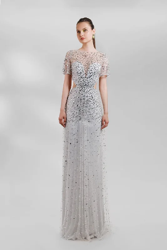 Sheer sleeves fully beaded dress
