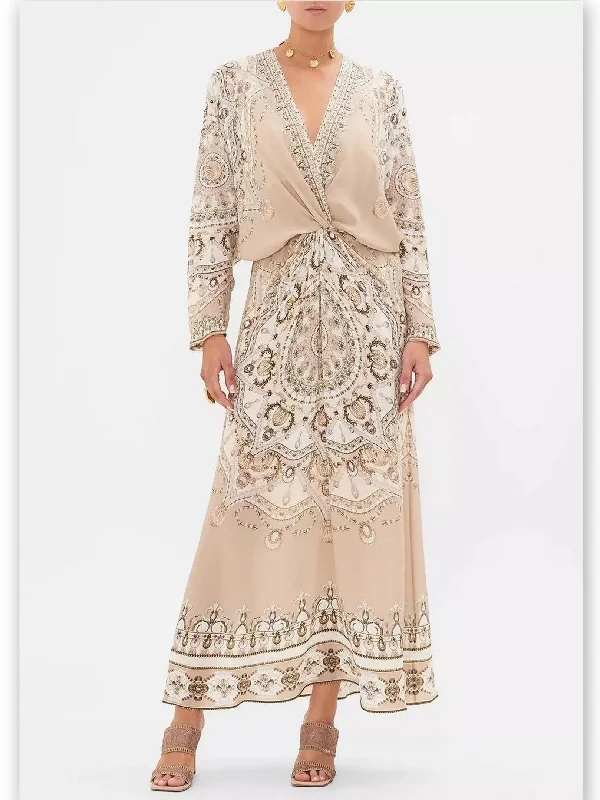 Shell and Pearl Printed Twist Front Silk Batwing Dress