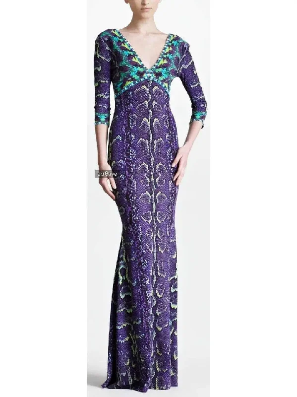 Snake Print V-Neck Jersey Silk Gown-Violet