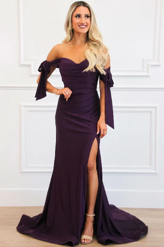 Southern Class Bow Sleeve Formal Dress: Eggplant