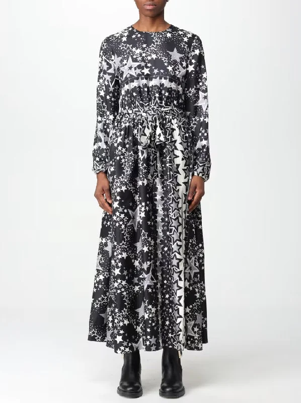 Star Print Long Silk Dress in Black, White and Gray
