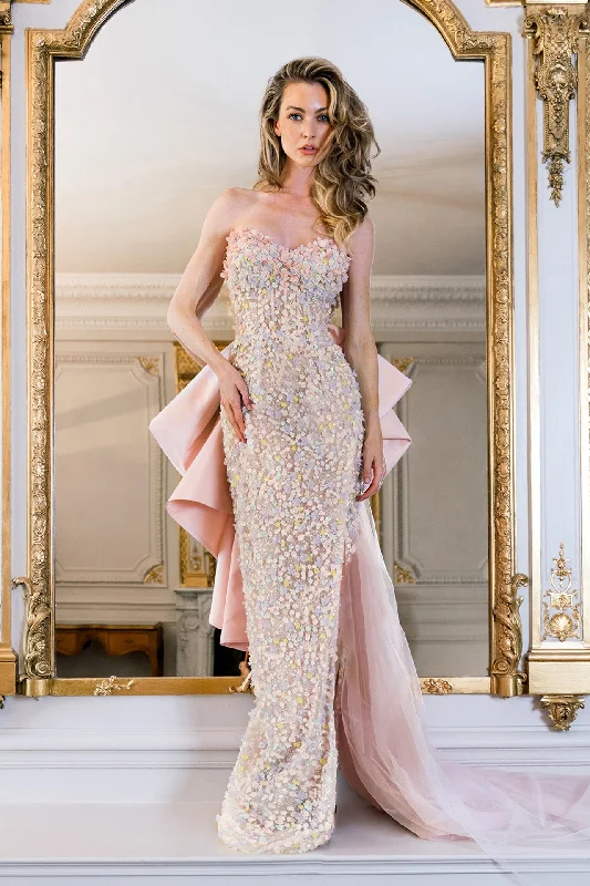 Strapless embroidered corset dress with train