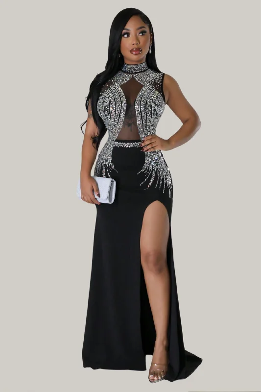 Adriel Sheer Mesh Studded Split Dress