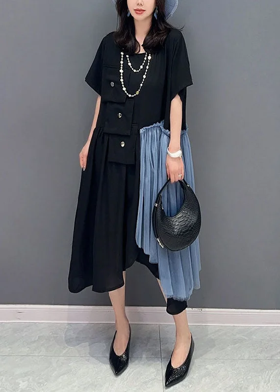 Stylish Black Asymmetrical Tulle Patchwork Cotton Dress Summer