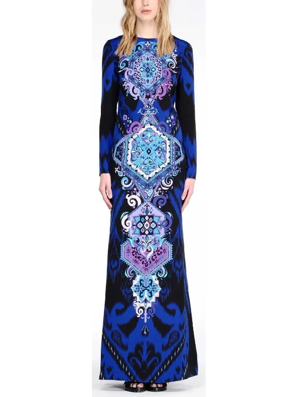 Suzani Motif Printed Long Gown in Blue