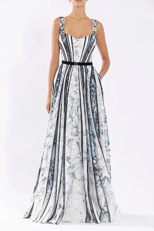 Sweetheart neckline printed linen dress