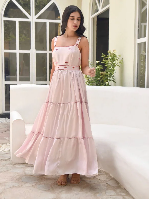 Rosewater Pink Satin 3-Tier Strappy Dress