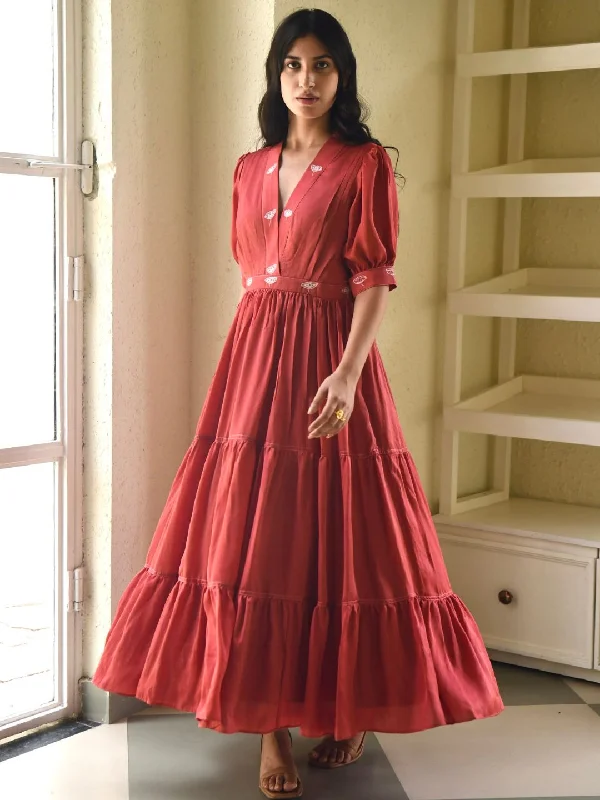 Rustic Red Satin Plunge V-Neck 3-Tiered Dress