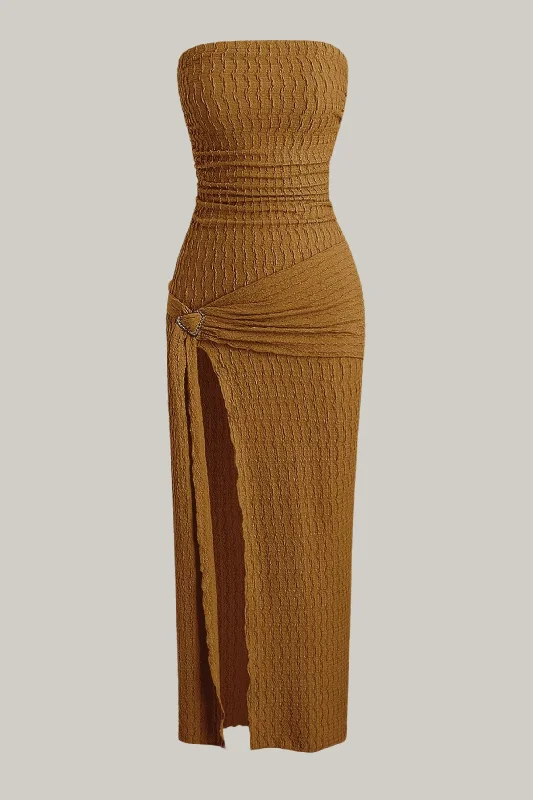 Textured Heart Rhinestone Buckle Ruched High Slit Strapless Dress