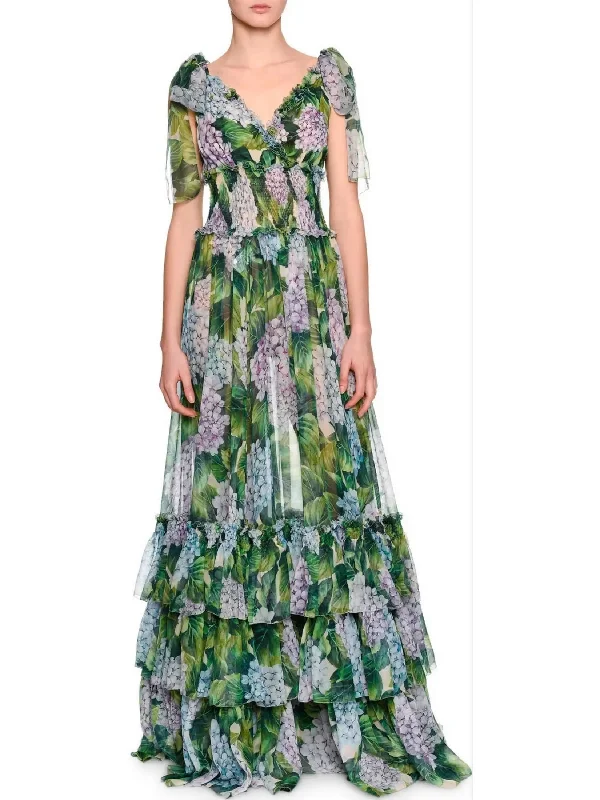 Tiered Hydrangea Chiffon Gown, Green