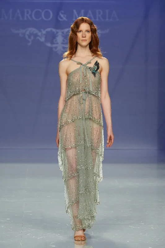 Tulle tiered gown with ribbons