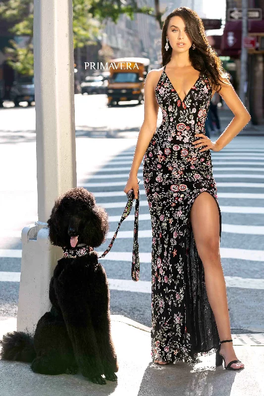 V-neck Beaded Sheath Dress With Slit 02 by Primavera Couture -3073