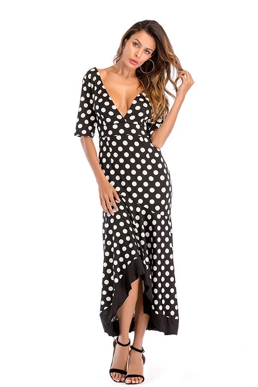 V-neck Polka Dot Asymmetrical Ruffle Hem Backless Dress