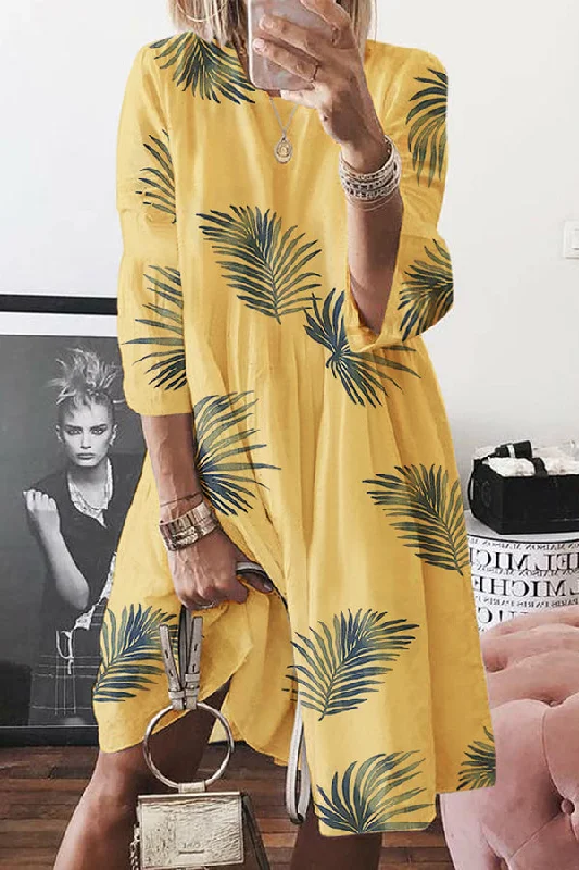 Vacation Leafy Print Swing Dress