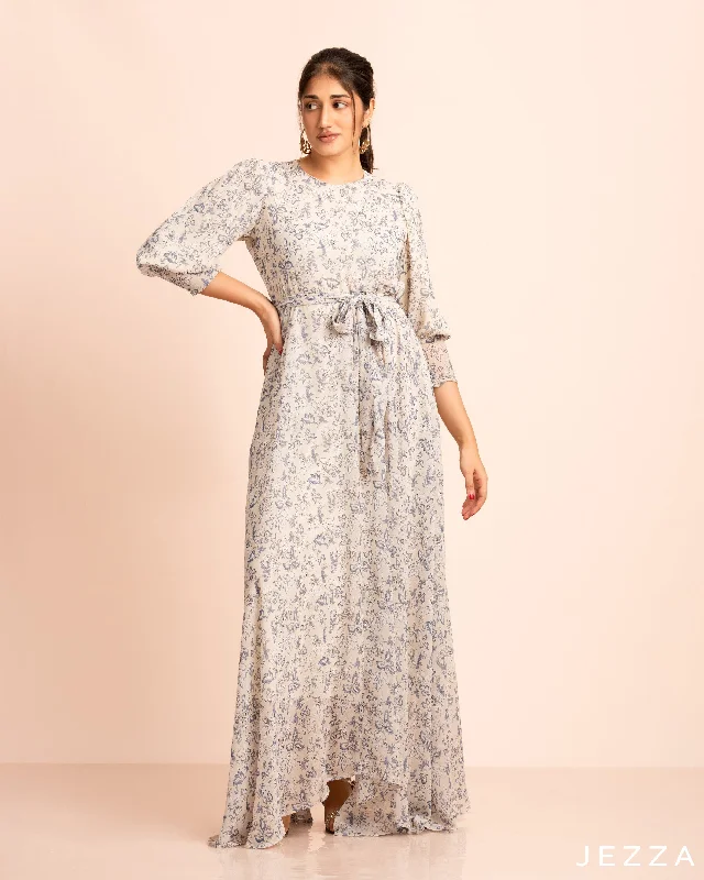 Crinkle Chiffon Ankle Length Dress With Elasticated Sleeve Cuff 58011